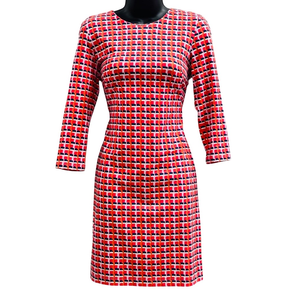 J.McLaughlin Catalina Cloth Dress Small Red Coral Navy Geometric 3/4 Sleeve